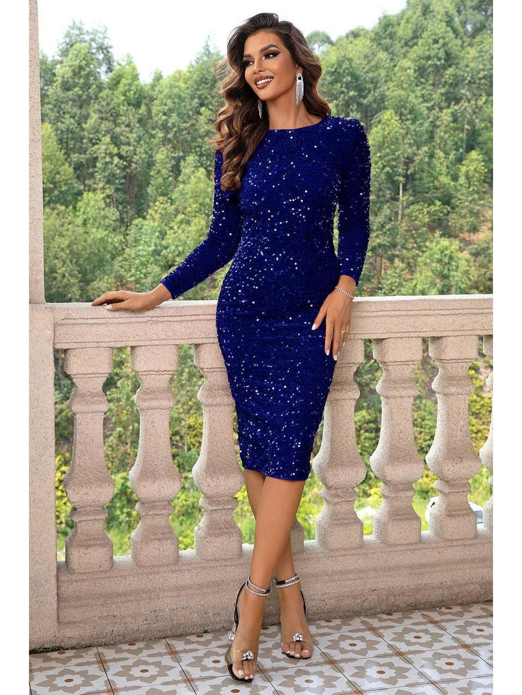 Sequin Round Neck Slit Dress -- 
