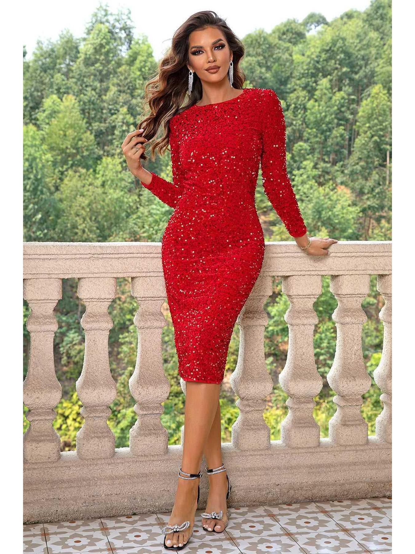 Sequin Round Neck Slit Dress -- 