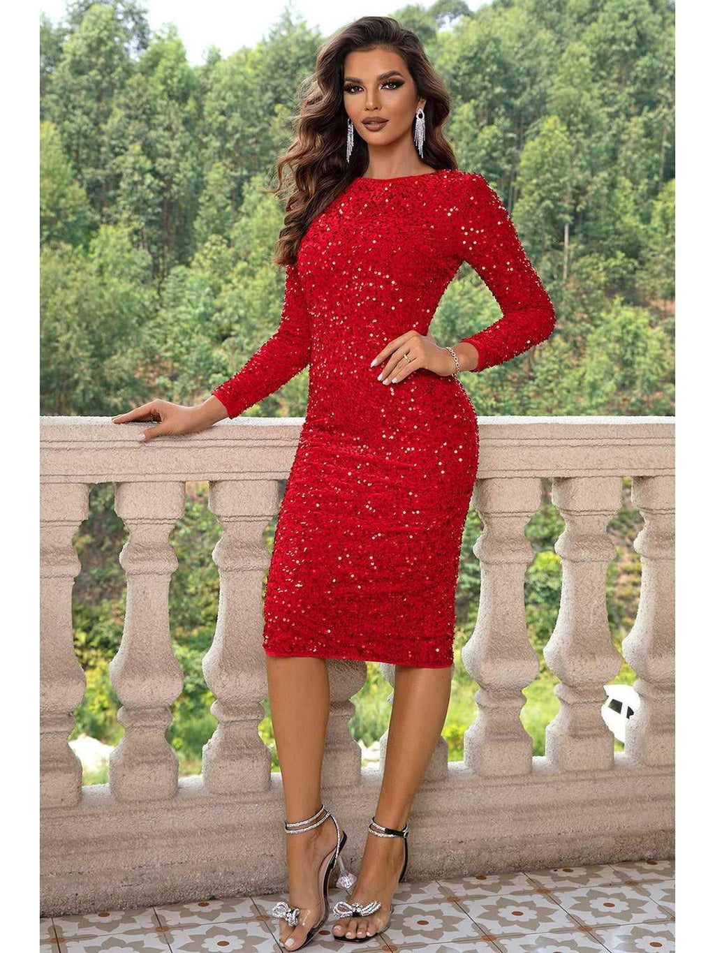 Sequin Round Neck Slit Dress -- 