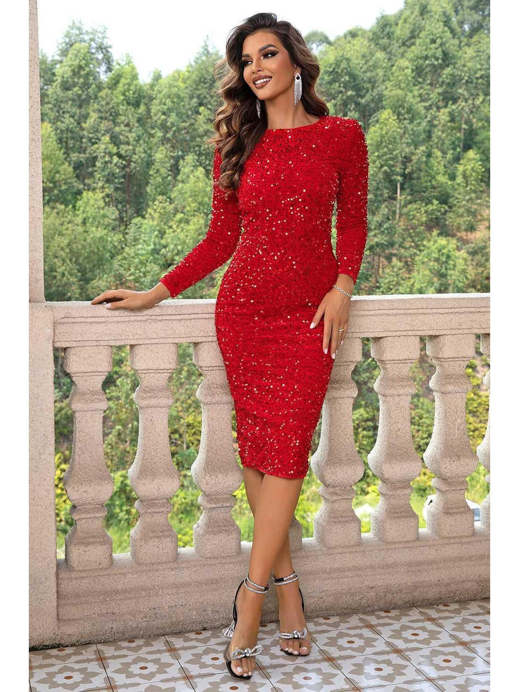 Sequin Round Neck Slit Dress -- 