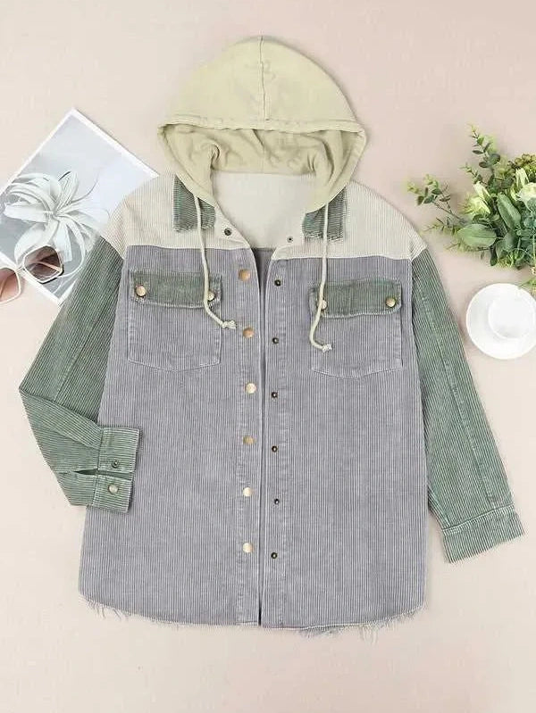 Snap Front Hooded Corduroy Shacket -- 
