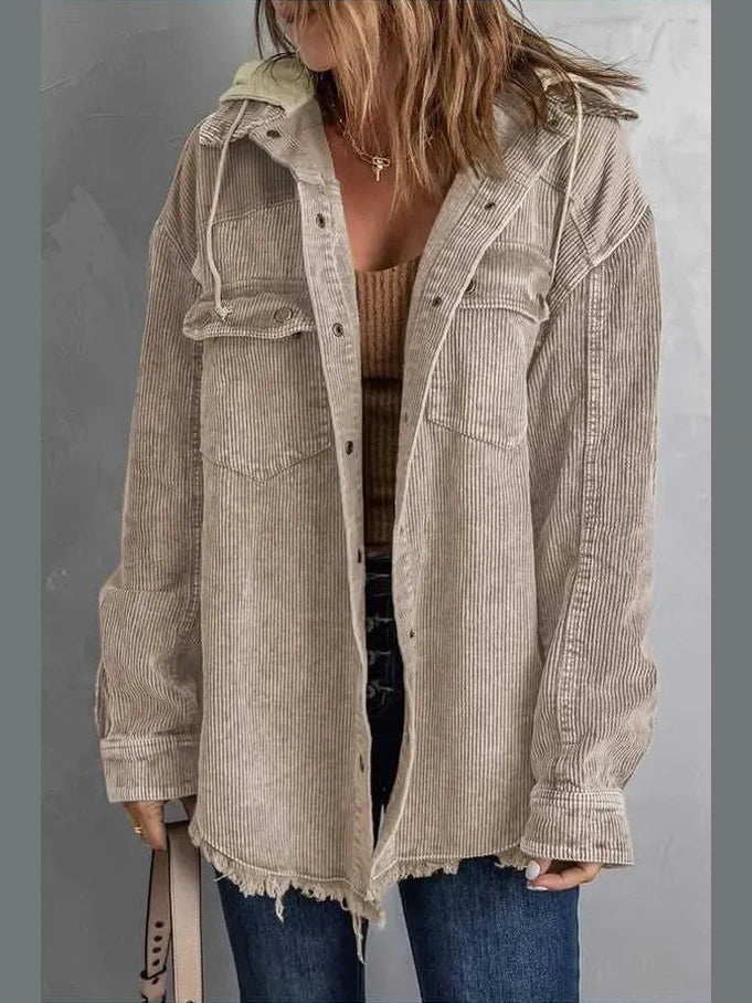 Snap Front Hooded Corduroy Shacket -- 