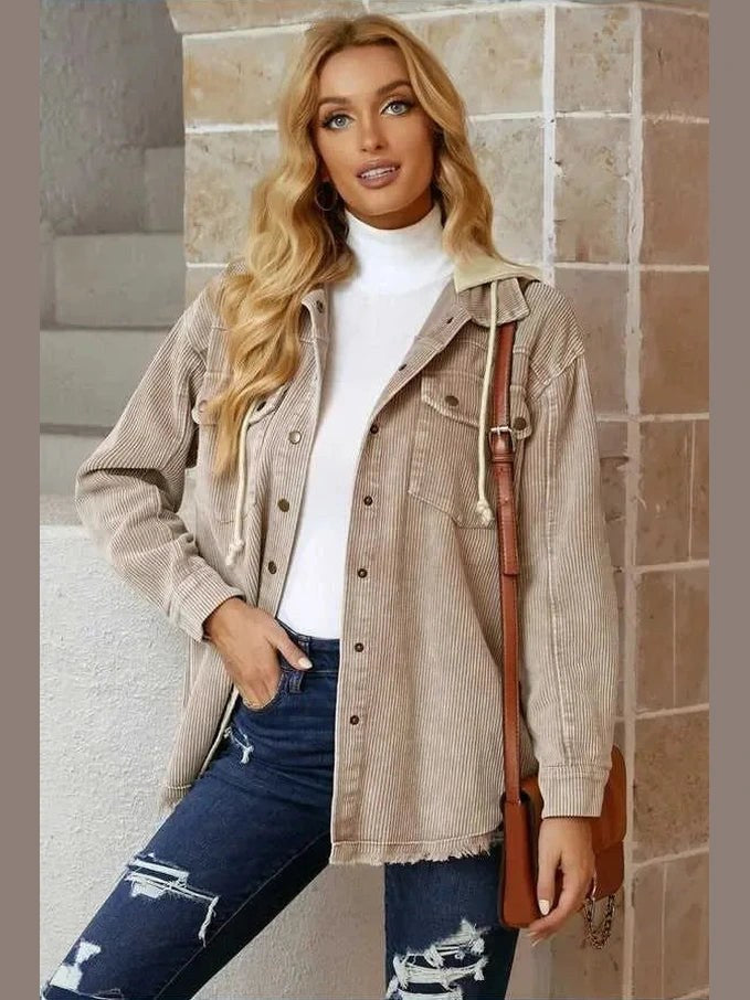 Snap Front Hooded Corduroy Shacket -- 