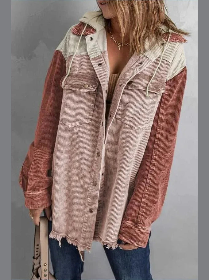 Snap Front Hooded Corduroy Shacket -- 
