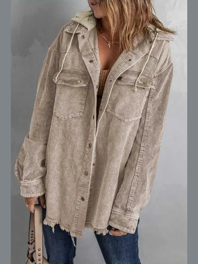 Snap Front Hooded Corduroy Shacket -- 