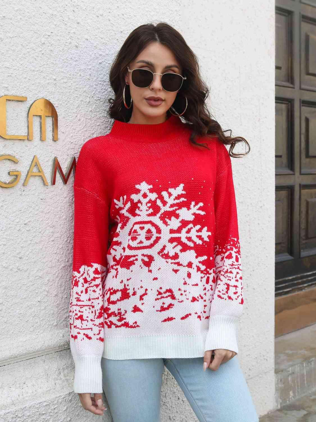Snowflake Pattern Mock Neck Sweater -- 