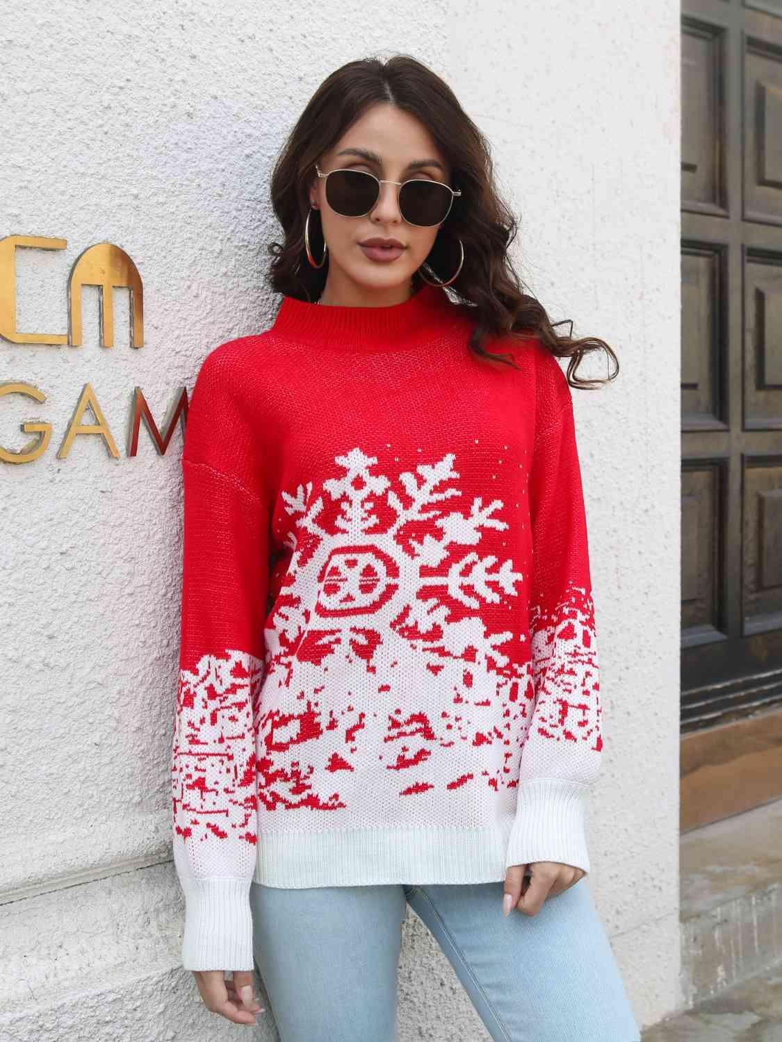 Snowflake Pattern Mock Neck Sweater -- 