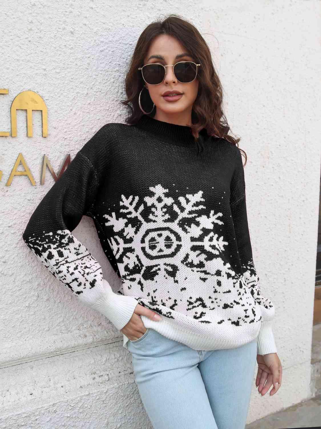 Snowflake Pattern Mock Neck Sweater -- 