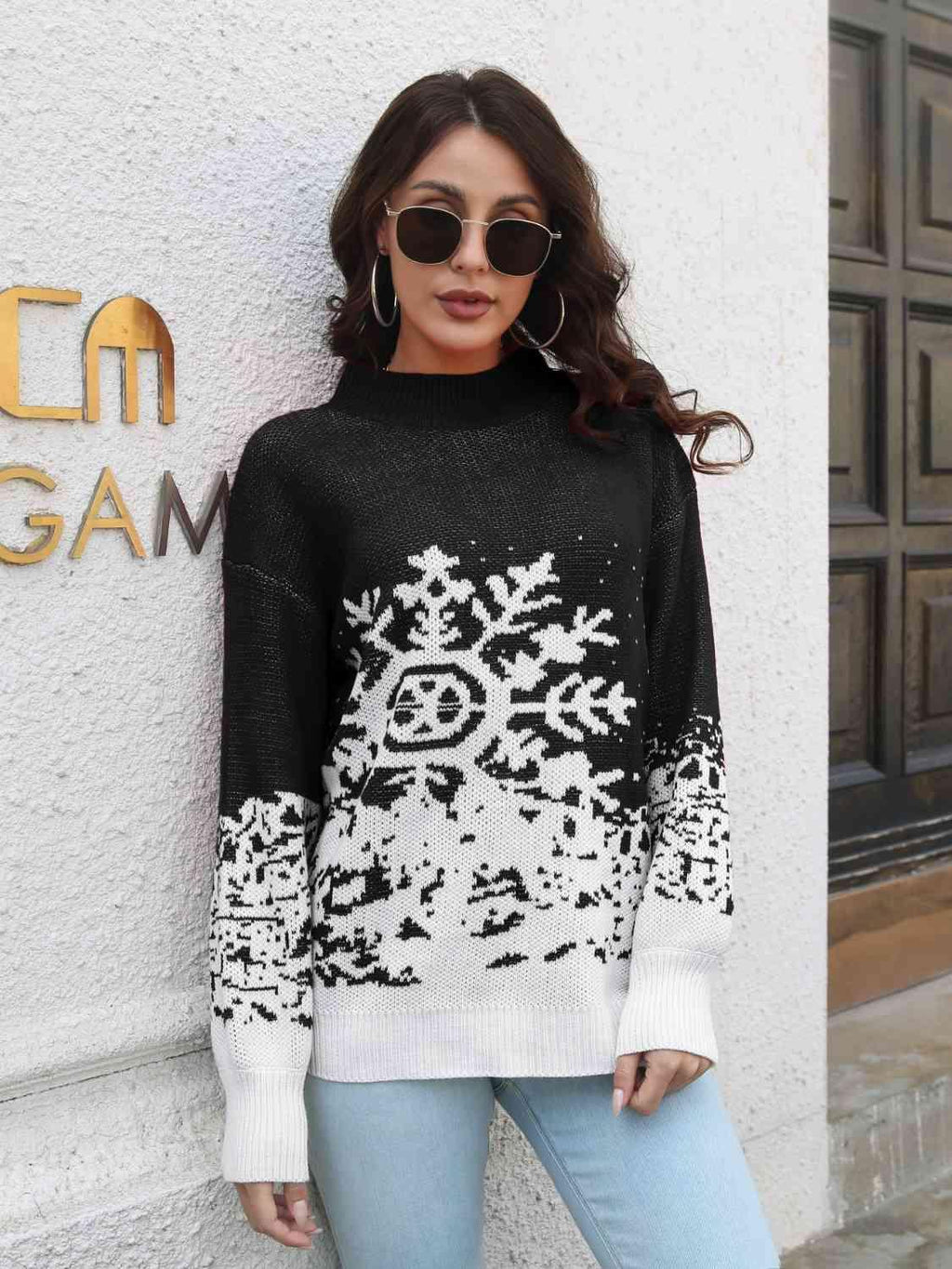 Snowflake Pattern Mock Neck Sweater -- 