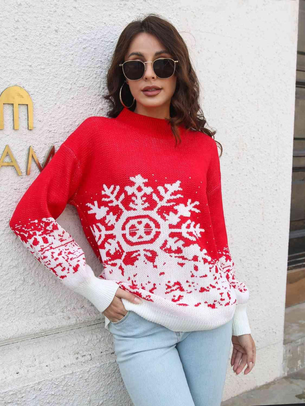 Snowflake Pattern Mock Neck Sweater -- 