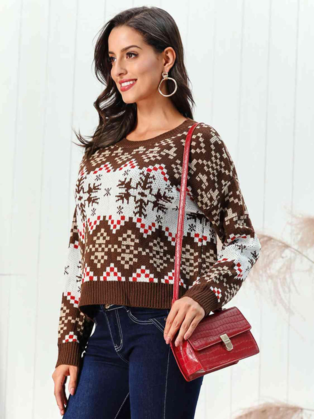 Snowflake Pattern Round Neck Sweater -- 