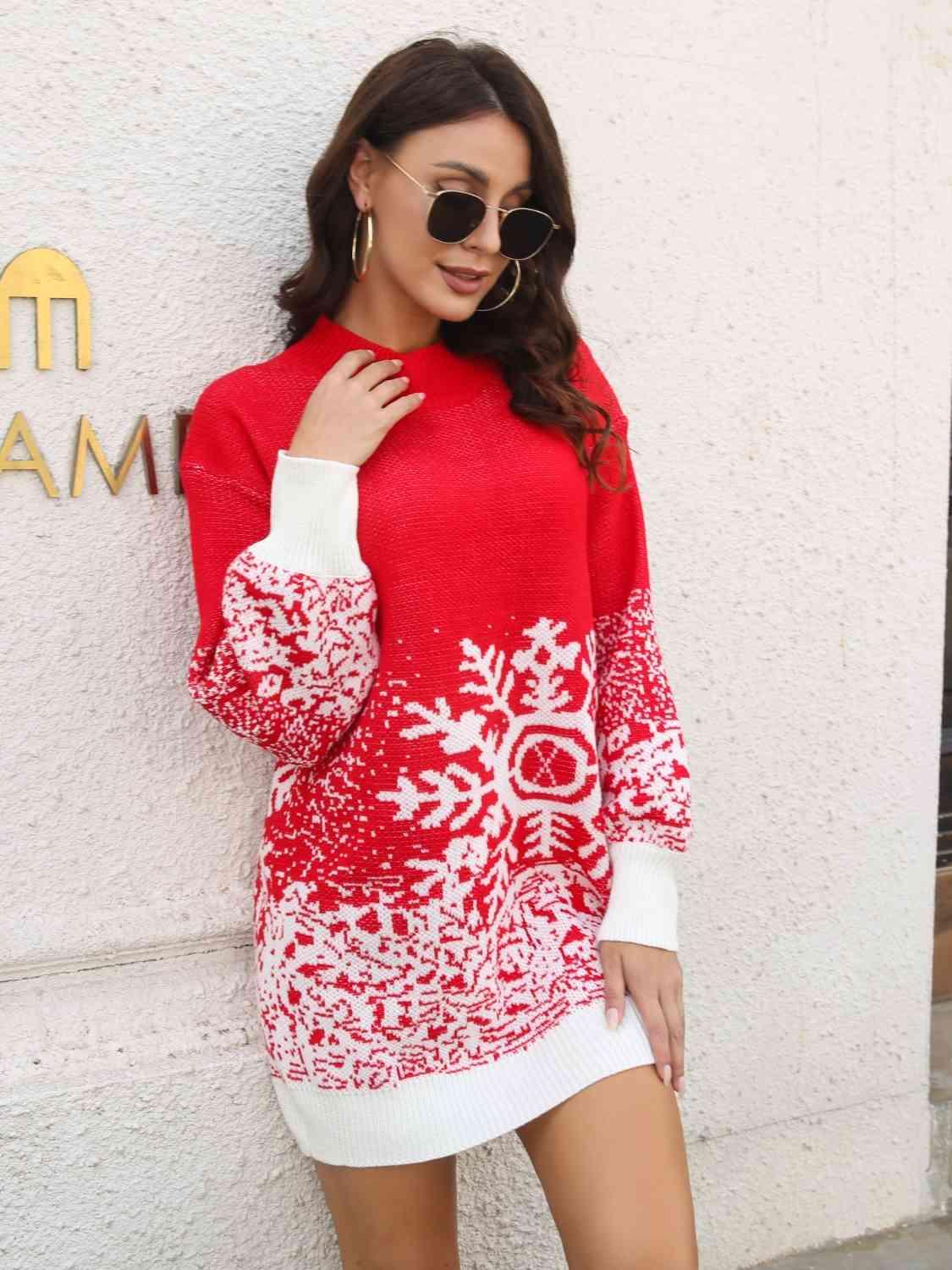 Snowflake Pattern Sweater Dress -- 
