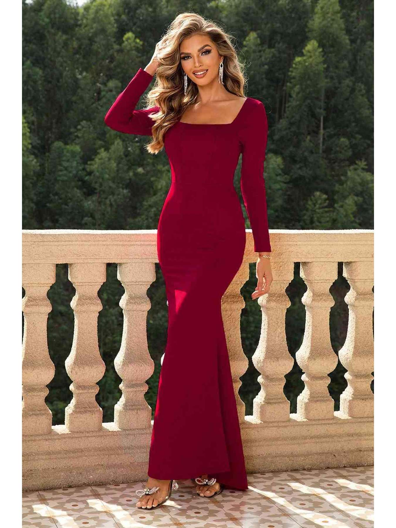 Square Neck Long Sleeve Dress -- 