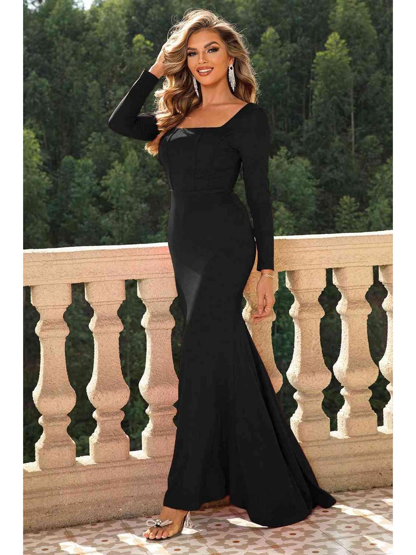 Square Neck Long Sleeve Dress -- 