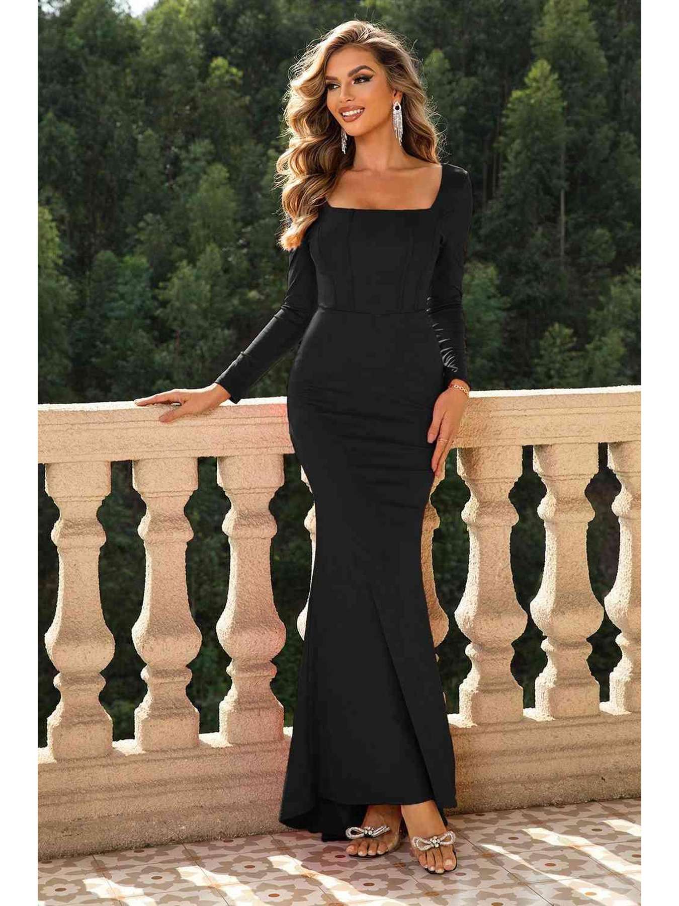 Square Neck Long Sleeve Dress -- 