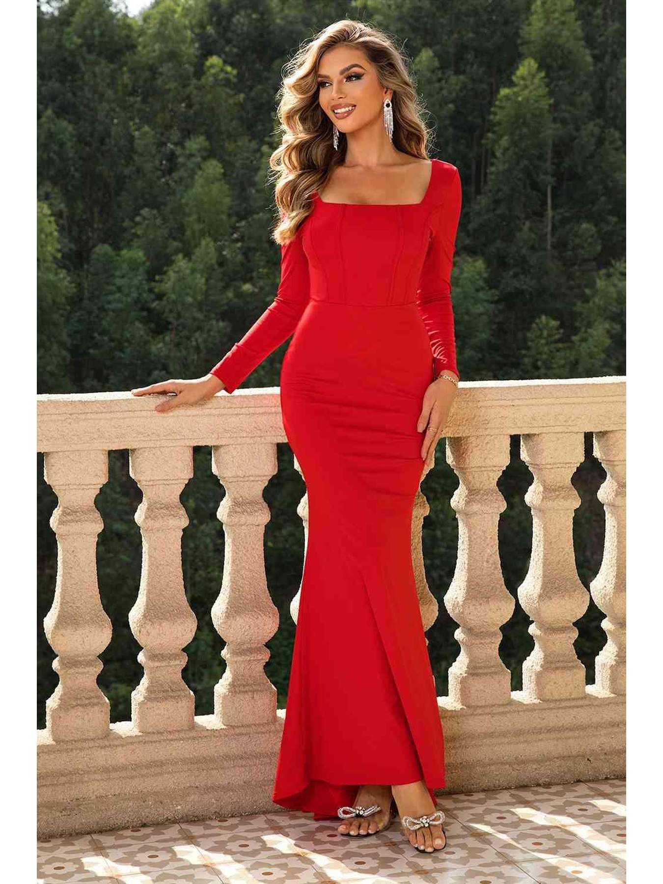 Square Neck Long Sleeve Dress -- 