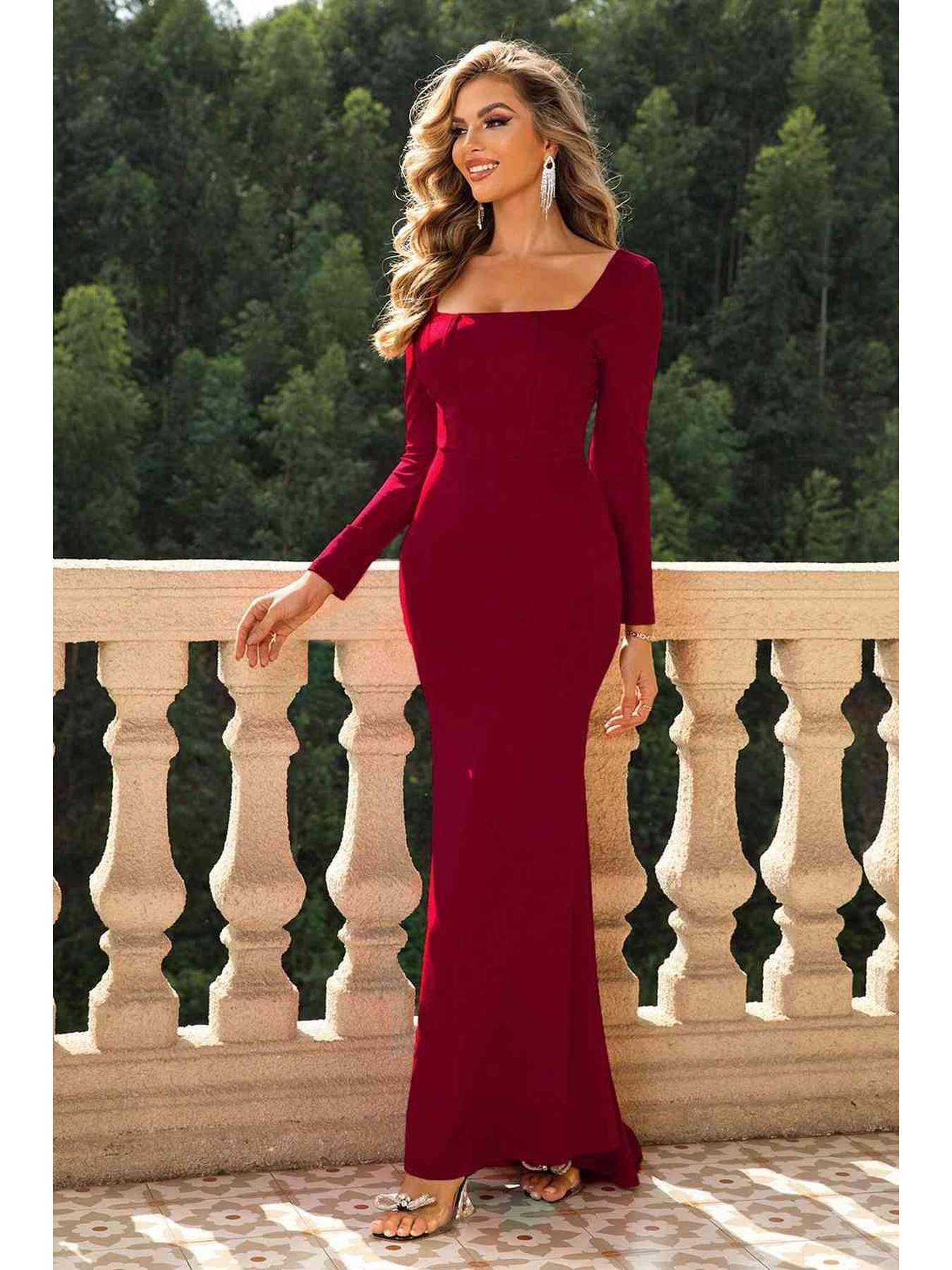 Square Neck Long Sleeve Dress -- 
