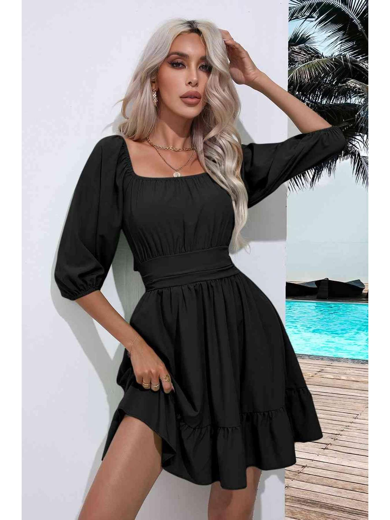 Square Neck Tie Back Ruffle Hem Dress -- 