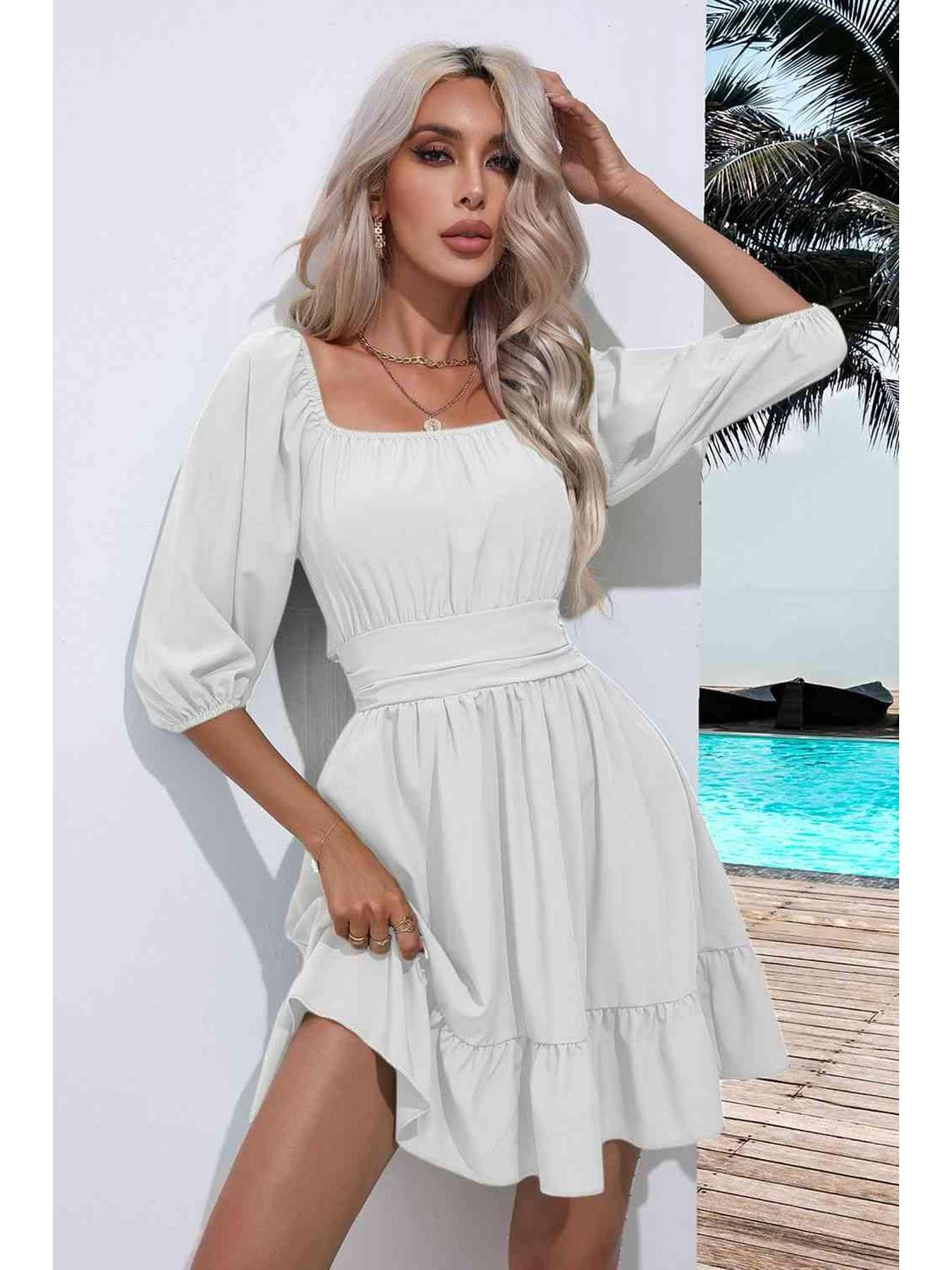 Square Neck Tie Back Ruffle Hem Dress -- 