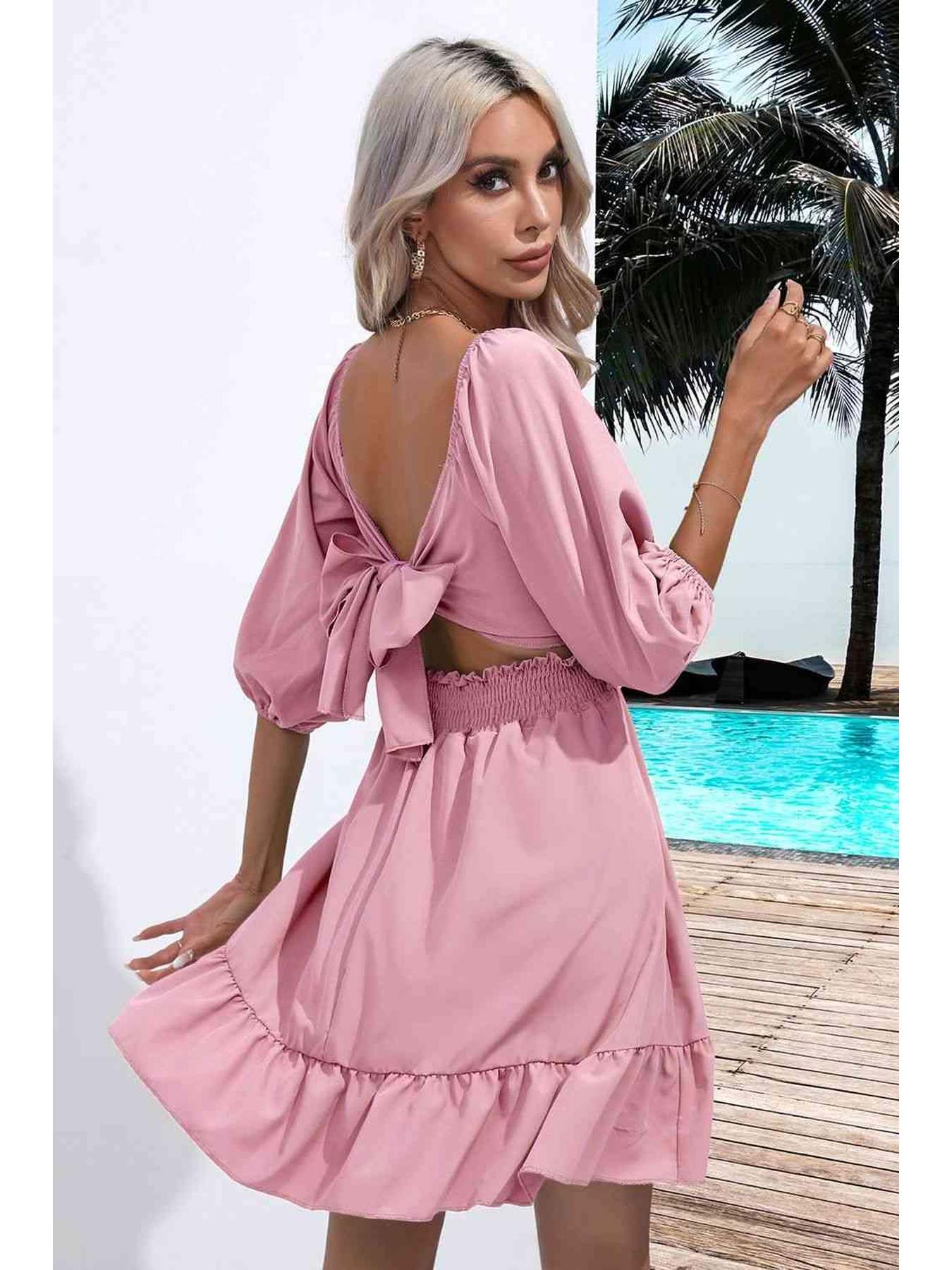 Square Neck Tie Back Ruffle Hem Dress -- 