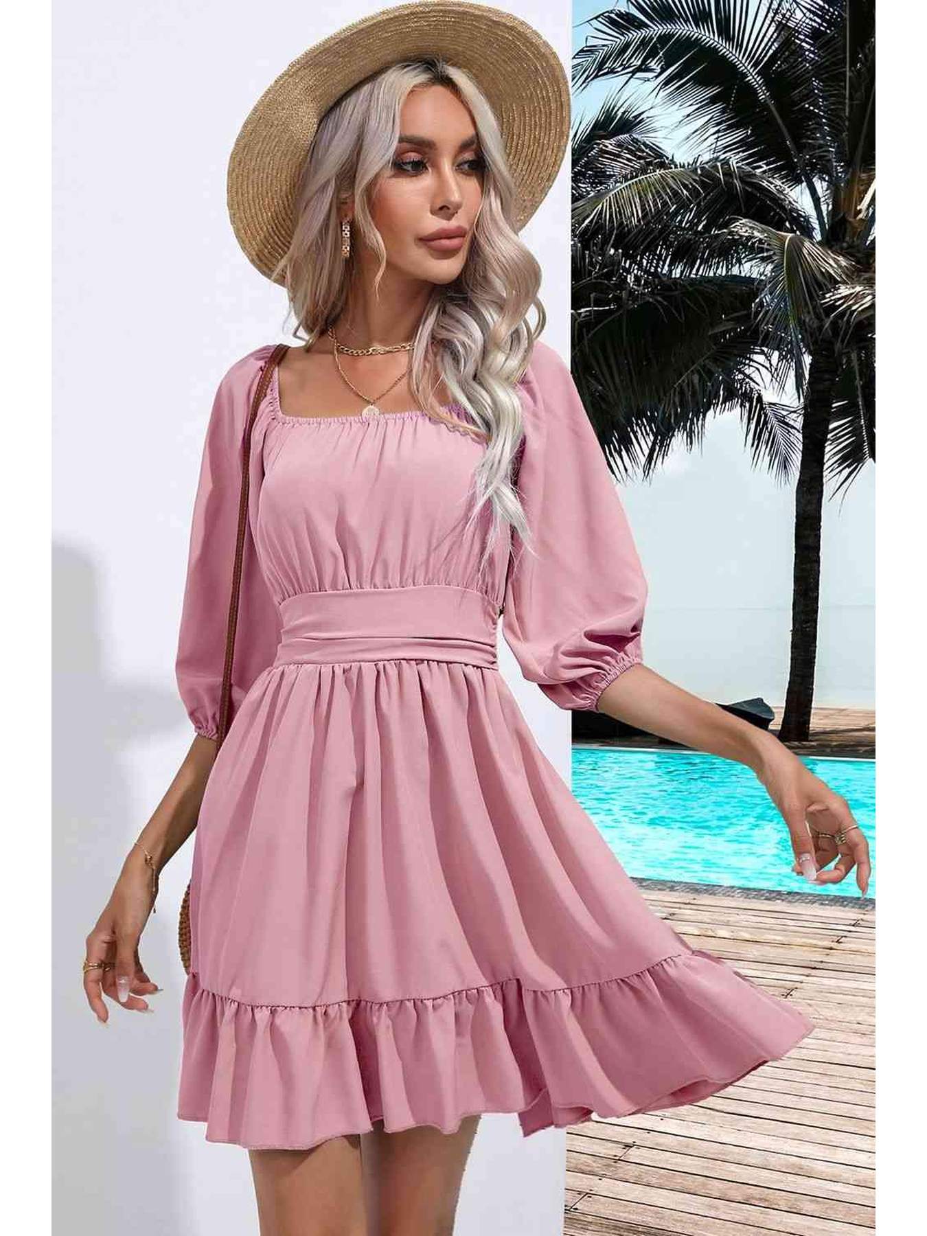 Square Neck Tie Back Ruffle Hem Dress -- 