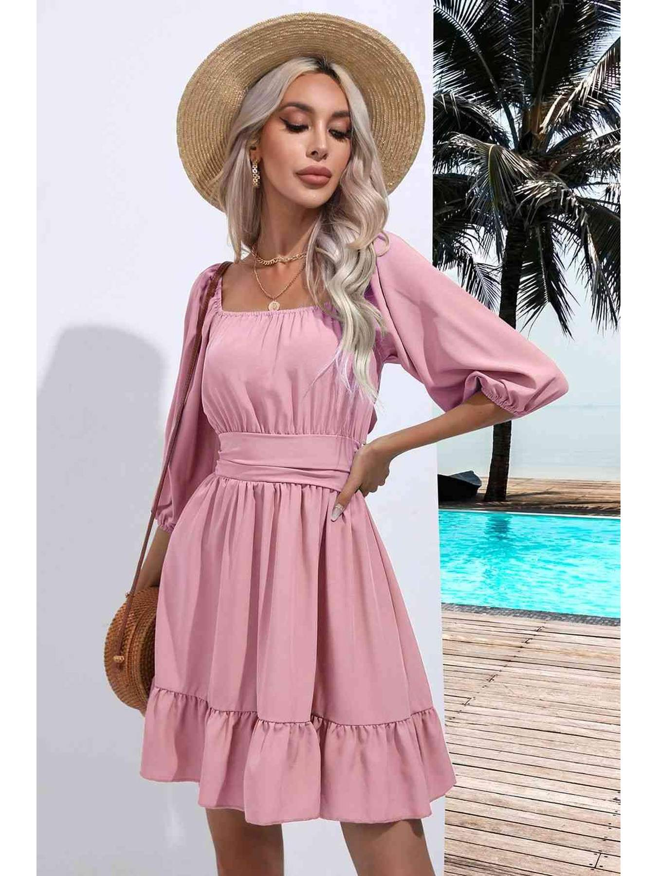 Square Neck Tie Back Ruffle Hem Dress -- 