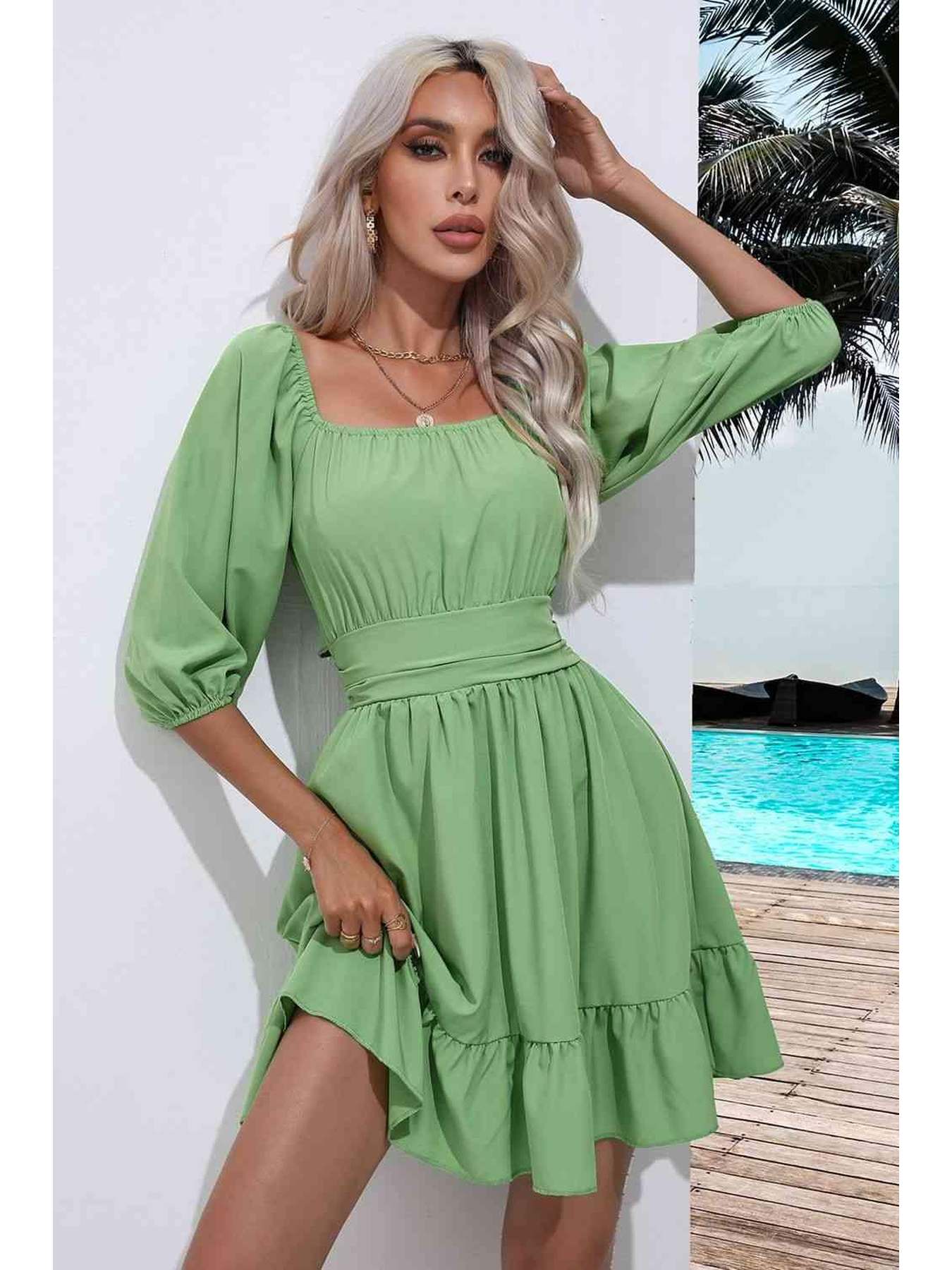 Square Neck Tie Back Ruffle Hem Dress -- 