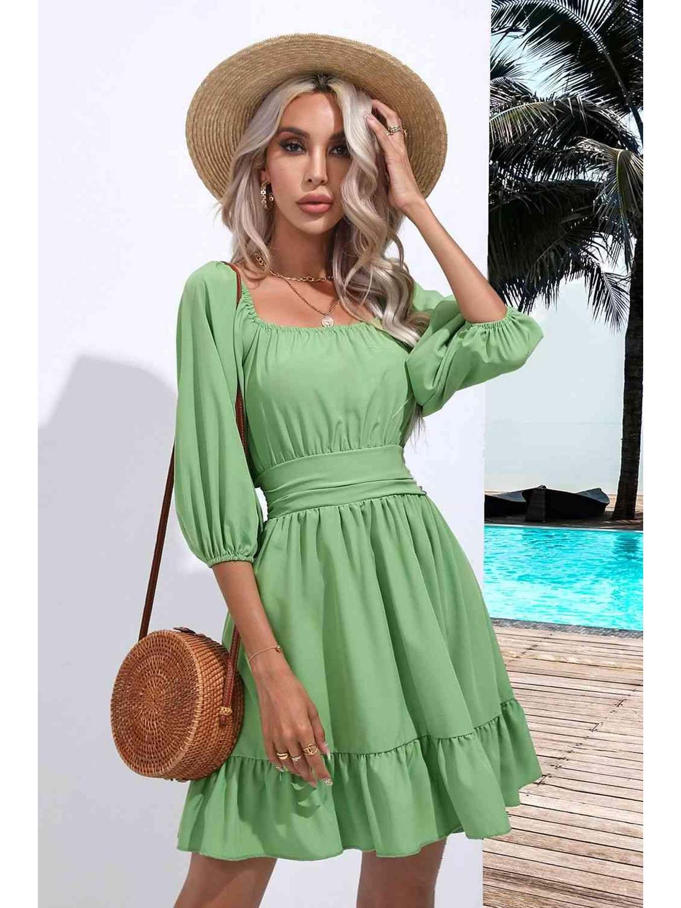 Square Neck Tie Back Ruffle Hem Dress -- 