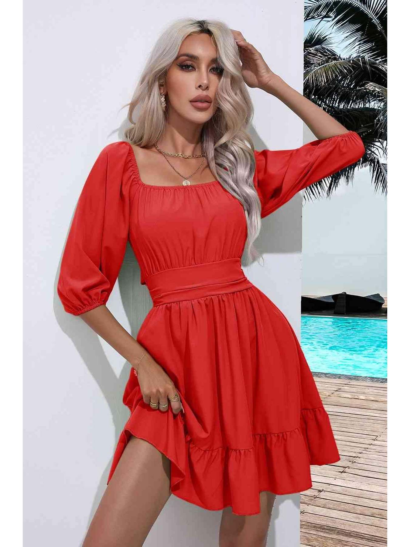 Square Neck Tie Back Ruffle Hem Dress -- 