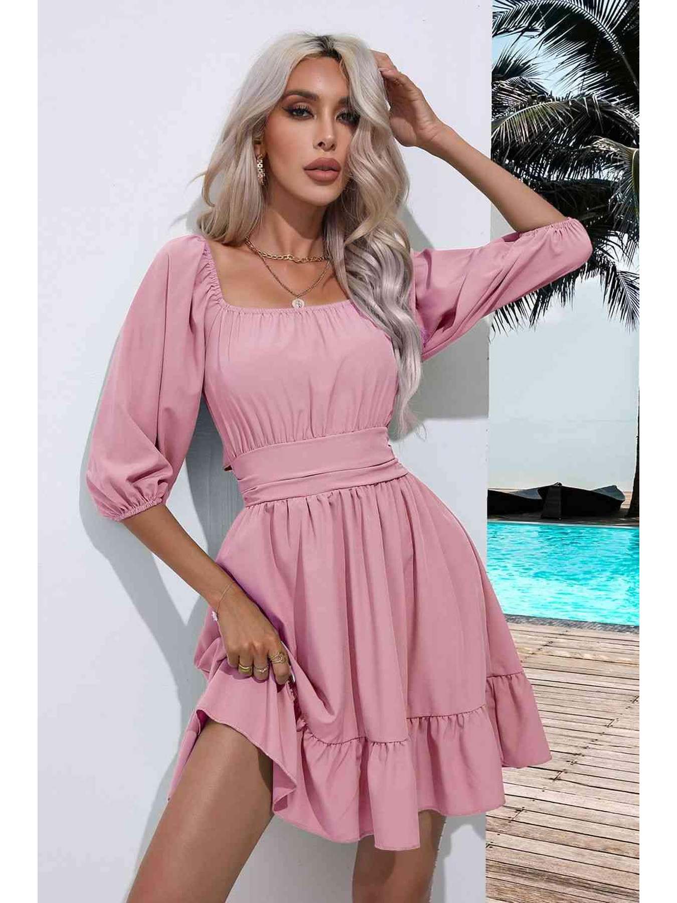 Square Neck Tie Back Ruffle Hem Dress -- 