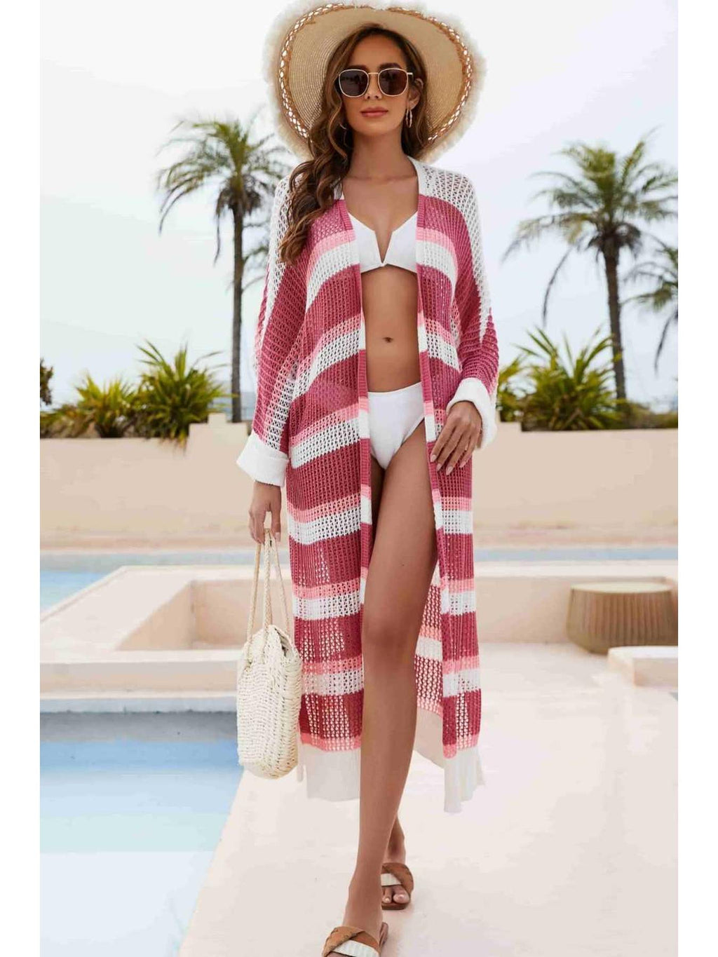 Striped Open Front Side Slit Duster Cover Up -- 
