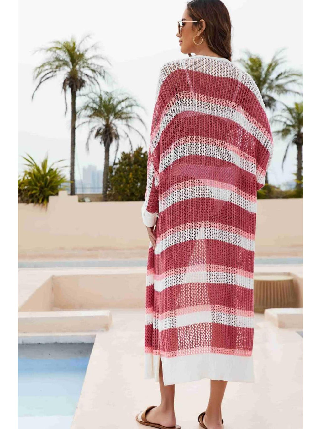Striped Open Front Side Slit Duster Cover Up -- 