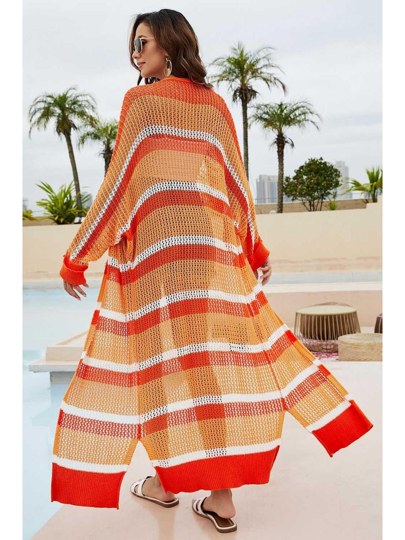 Striped Open Front Side Slit Duster Cover Up -- 