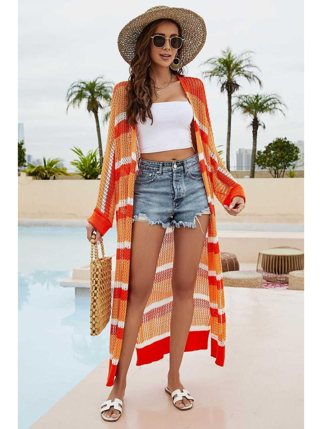 Striped Open Front Side Slit Duster Cover Up -- 