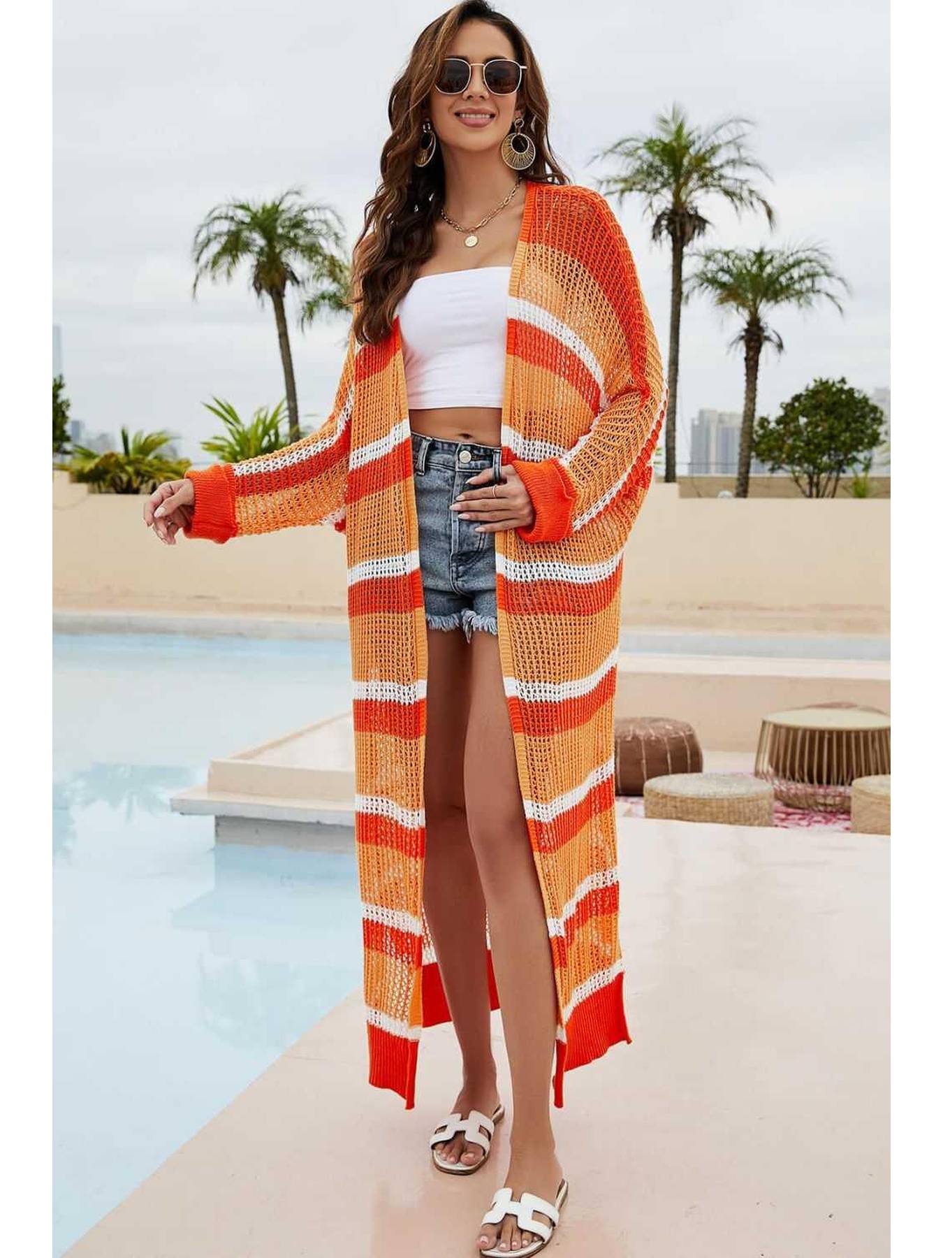 Striped Open Front Side Slit Duster Cover Up -- 