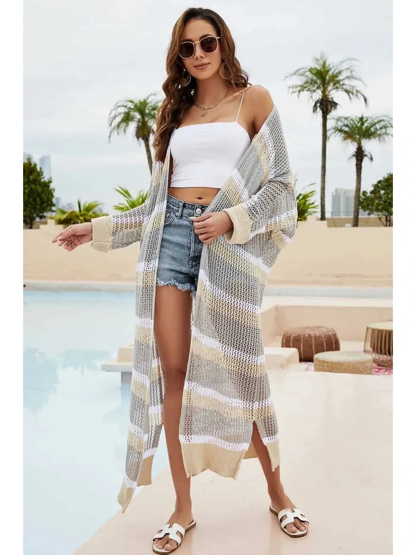 Striped Open Front Side Slit Duster Cover Up -- 