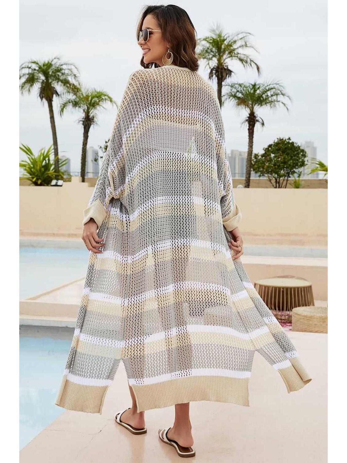 Striped Open Front Side Slit Duster Cover Up -- 