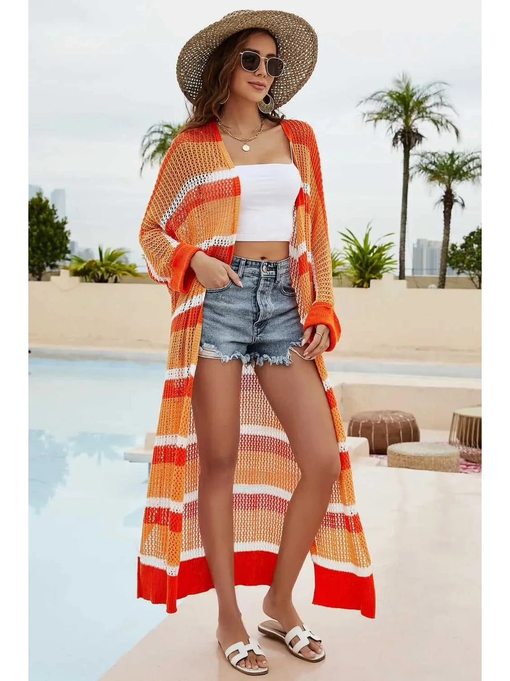 Striped Open Front Side Slit Duster Cover Up -- 