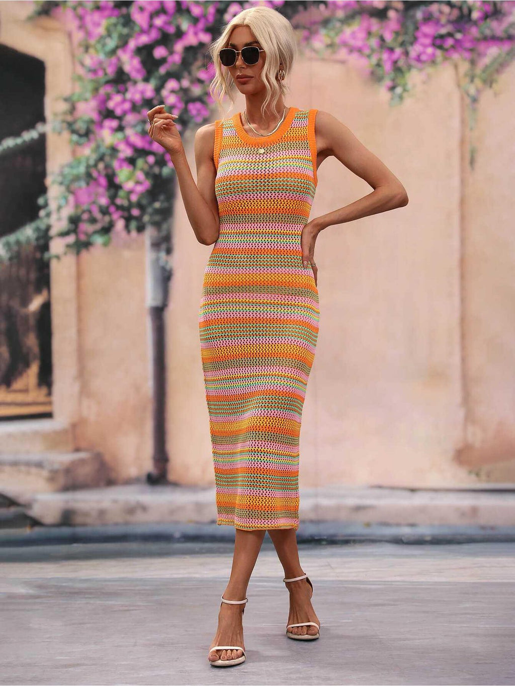 Striped Round Neck Sleeveless Midi Cover Up Dress -- 