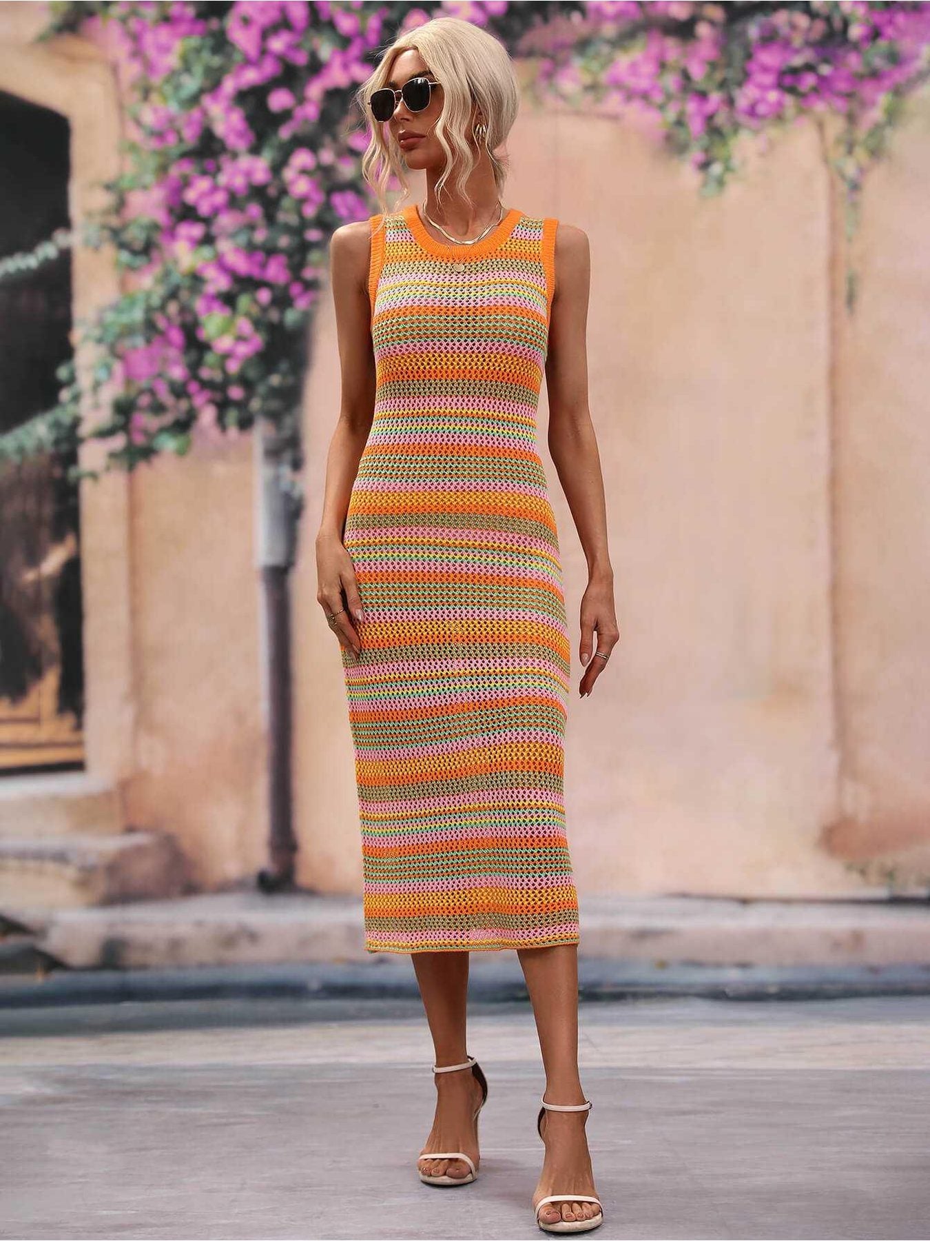 Striped Round Neck Sleeveless Midi Cover Up Dress -- 