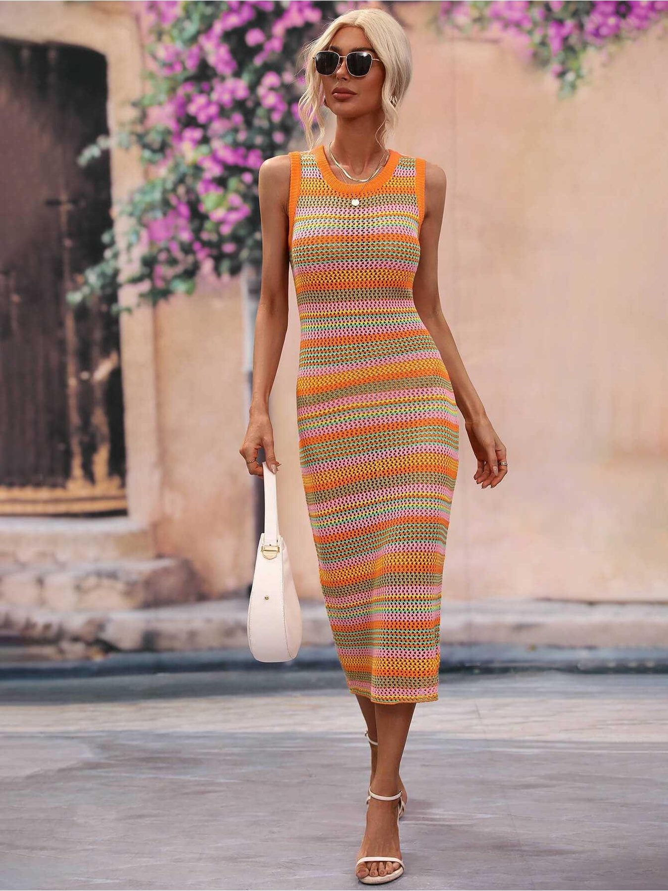 Striped Round Neck Sleeveless Midi Cover Up Dress -- 
