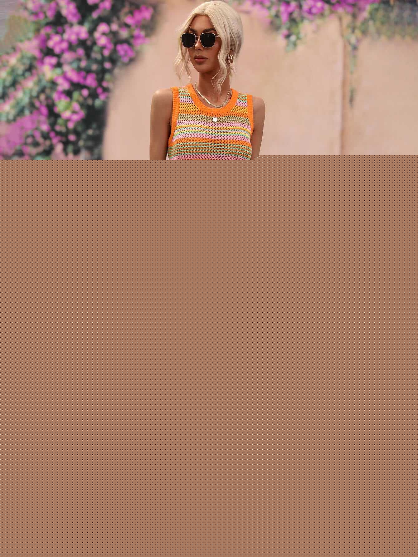 Striped Round Neck Sleeveless Midi Cover Up Dress