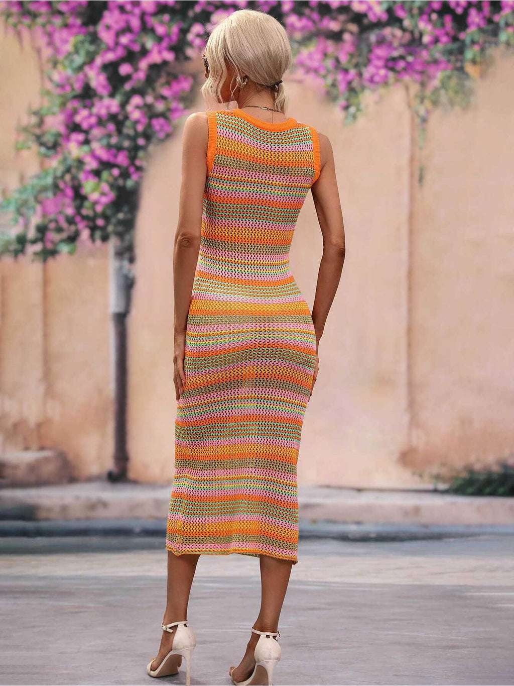 Striped Round Neck Sleeveless Midi Cover Up Dress -- 
