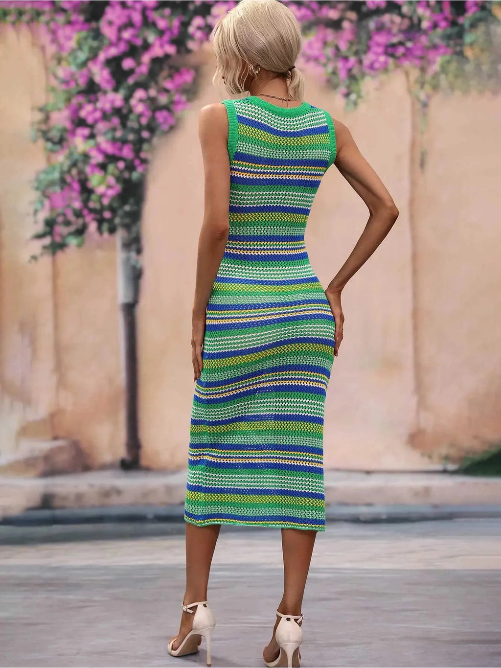 Striped Round Neck Sleeveless Midi Cover Up Dress -- 