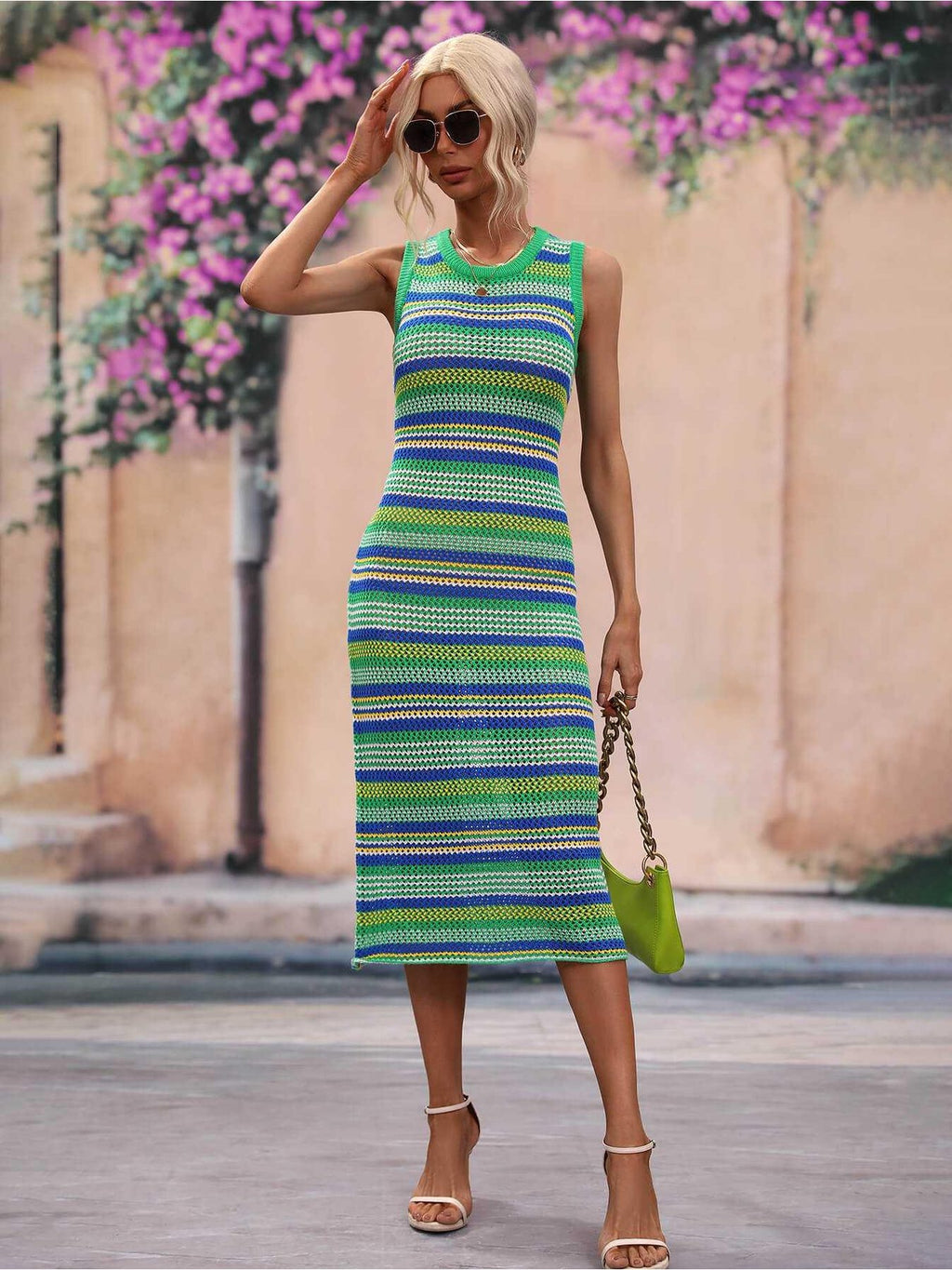 Striped Round Neck Sleeveless Midi Cover Up Dress -- 