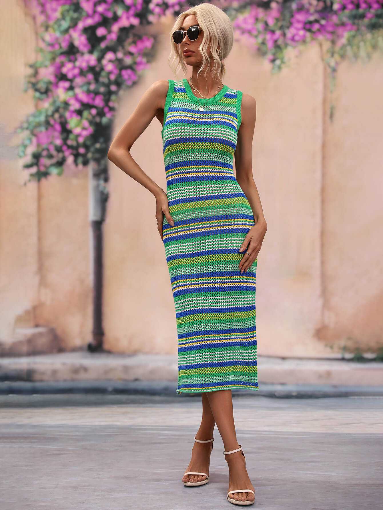 Striped Round Neck Sleeveless Midi Cover Up Dress - Maxi Beach Dress from hopeford-streams.myshopify.com