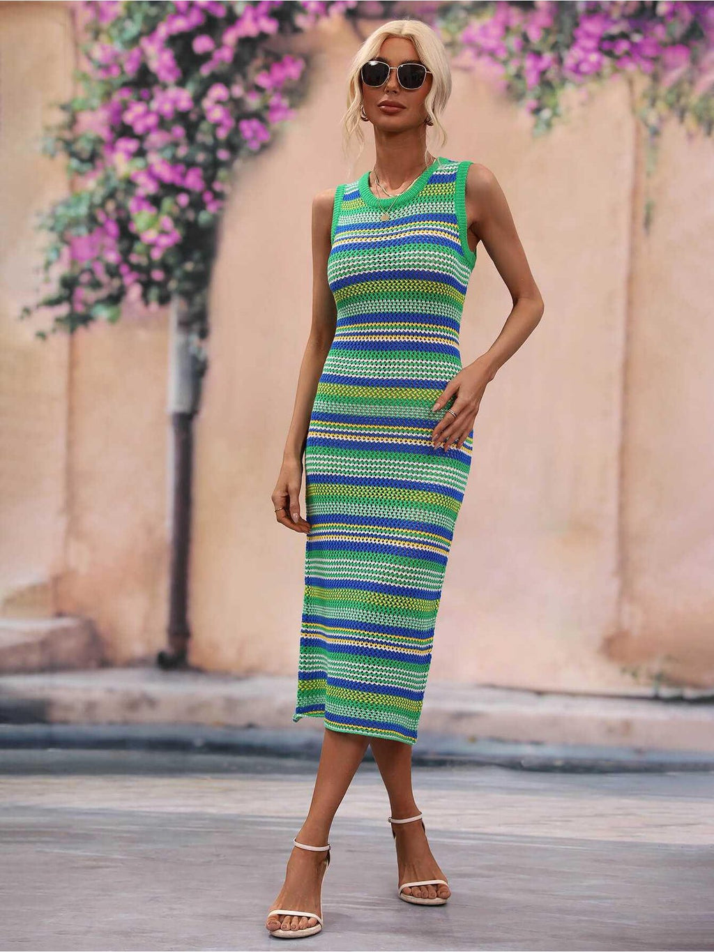 Striped Round Neck Sleeveless Midi Cover Up Dress -- 
