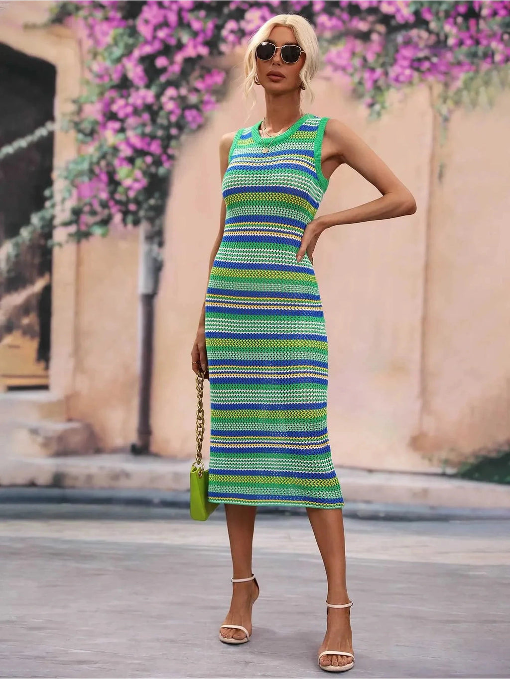 Striped Round Neck Sleeveless Midi Cover Up Dress -- 