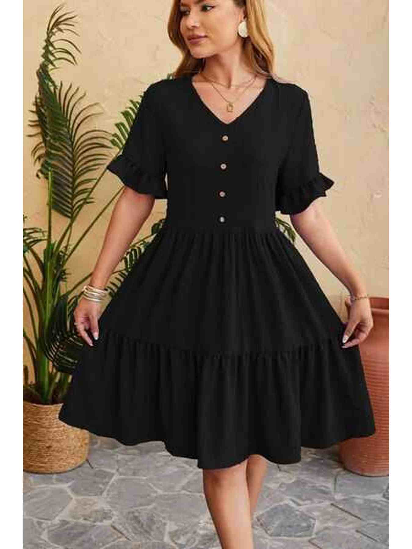 Swiss Dot Ruffled V-Neck Tiered Dress -- 