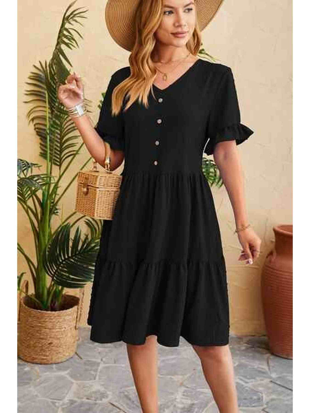 Swiss Dot Ruffled V-Neck Tiered Dress -- 
